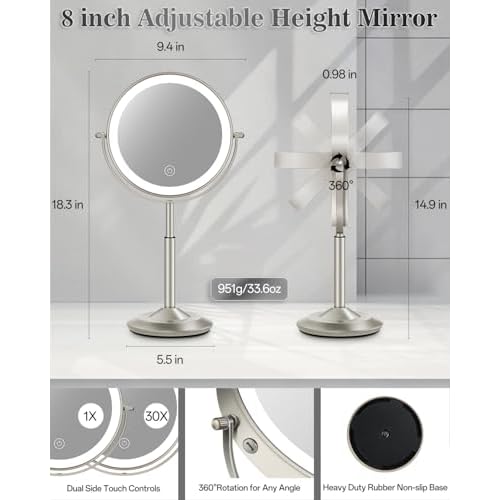 Makeup Mirror with Lights, 1X/30X Lighted Magnifying Mirror Height Adjustable, 3000mAh Rechargeable Double Sided Vanity Mirrors with 3 LED Lighting and Adjustable Brightness for Desk Women Gift