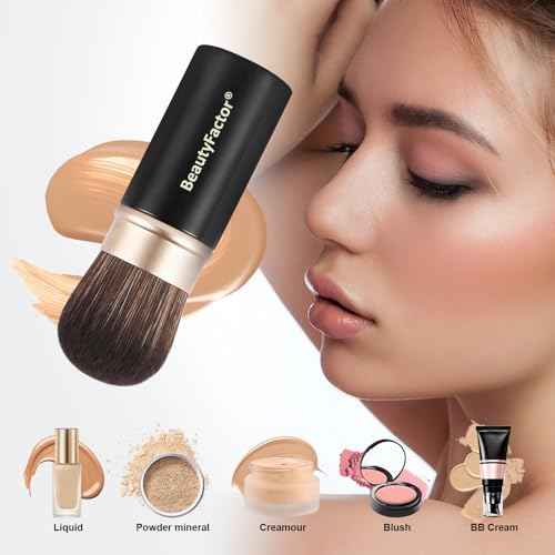 Retractable Kabuki Makeup Brush,Round Head Travel Makeup Brush Portable Brushes for Powder and Liquid Foundation, Bronzer, Blush and other face makeup With Aluminum Handle