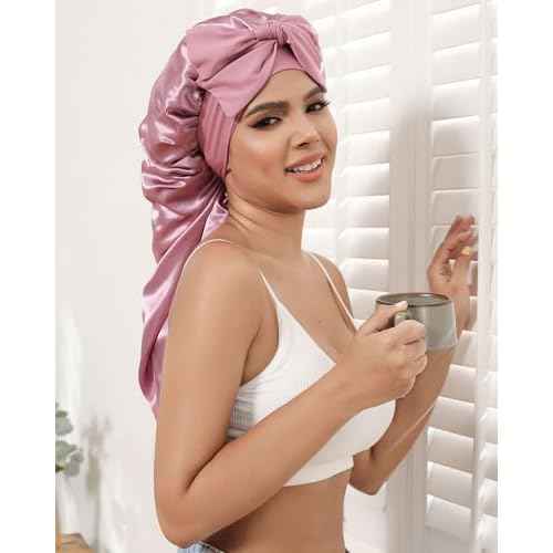 AWAYTR Long Hair Bonnet for Sleeping - Double Layer Long Elastic Tie Band Satin Bonnet for Women with Sleep Eye Mask (Rose Gold)
