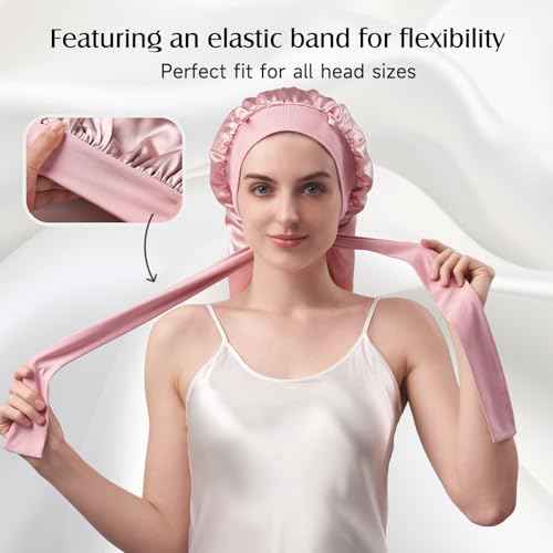 YFONG Double-Layered 100% Pure Mulberry Silk Bonnet for Long Hair, 22 Momme Silk Hair Bonnet for Sleeping with Elastic Tie Band, Real Silk Sleep Cap for Women Long Curly Hair, Pink