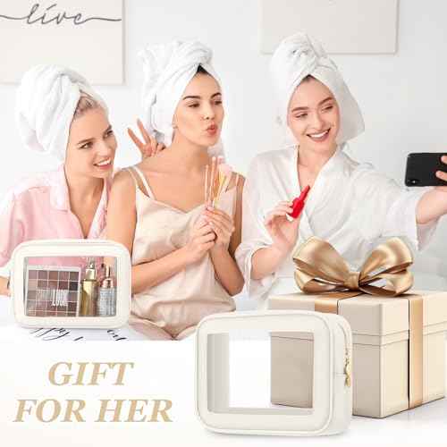 Abbylike 3 Pcs Clear Makeup Bags with Zipper Toiletry Bags for Car Essentials Nylon Cosmetic Pouches PVC Transparent Storage Pouch Travel Portable Organizer for Christmas Women Gift(Cream White,Small)