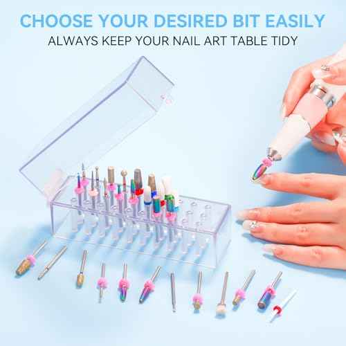 Makartt Nail Drill Bits Holder,Dustproof Stand Displayer Organizer Container Case 30 Holes drill bit holder nail tech Professional Nail art Tools(Not Inlcude Drill Bits,Clear)