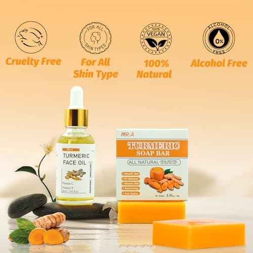 MR.A 2Pcs Turmeric Soap Bar and Turmeric Oil Set for Face & Body, Nautral Ingredients with Vitamin C to Cleanses, Soothing, Hydrating Skin, Turmeric Skin Care Set for All Skin Type