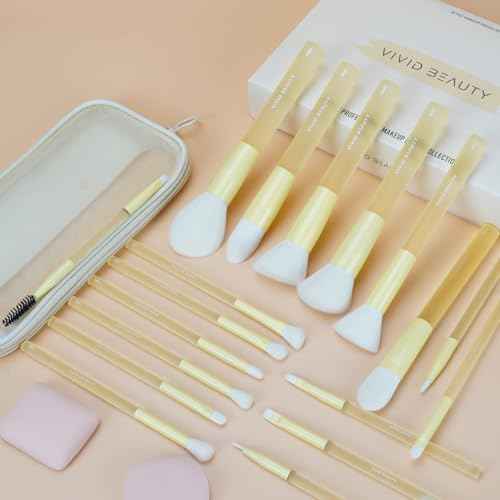 Yellow Make Up Brush Set ? 18PCS Makeup Brushes for Powder, Foundation, Eyeshadow ? With Rubber Coated Handles, Painted Aluminum Ferrules, Travel Bag & 2 Makeup Sponges? For Women & Beginners