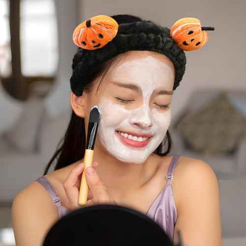 Spa Headband for Washing Face, 2 Pack Cute Halloween Hair Band for Shower Yoga Beauty, Fluffy Makeup Headband, Kawaii Facial Headbands for Woman Girls, Orange+Black Pumpkin