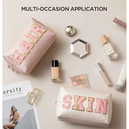 HBselect Preppy Makeup Bag 4 Pcs Travel Toiletry Bag Chenille Letter Patch Makeup Bag Portable Cosmetic Bag for Women PU Leather Waterproof Organizer Make up Bag for Women Girls