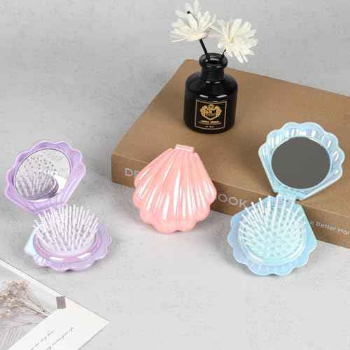 Metallic Shinning Finish Foldable Travel Hair Brushes with Mirror Shell Shape Portable Folding Pocket Hairbrush Mini Hair Comb Purse Compact Size Hair Massager (Blue)