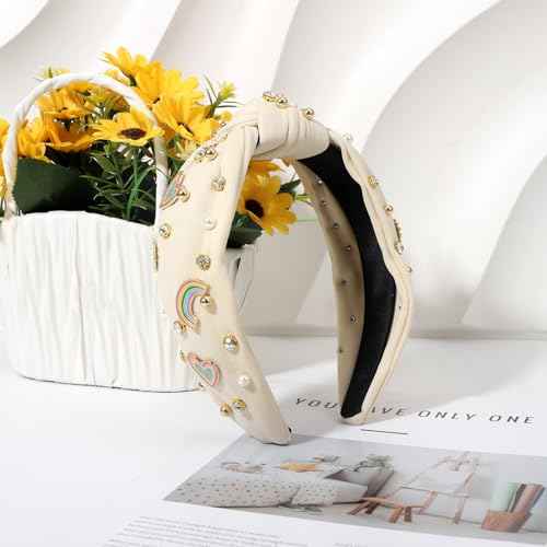 Boho Rainbow Daisy Headband - Pearl Knotted Twist Headpiece for Women & Girls, Beige, Sparkly Crystal Rhinestone