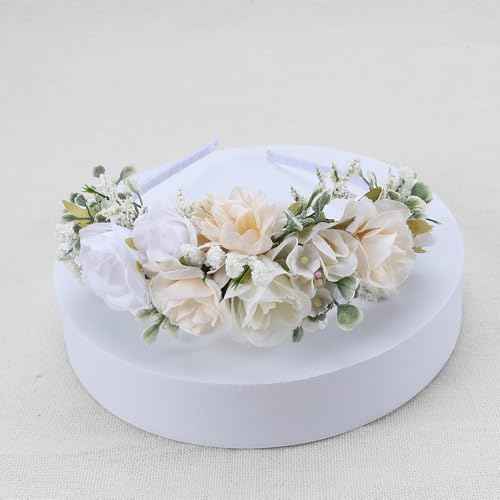 White Ivory Flower Crown Hairband for Girls Birthday Party Princess Floral Headband for Little Bridesmaids Wedding Photo Prop