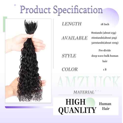 Pre-Divided Human Braiding Hair for Boho Braids Water Deep Wave Human Hair Bulk for Braiding No Weft Curly Human Hair Bundles for Boho Locs Boho Crochet Braids Hair Extensions (1B, 18"-320Strands)