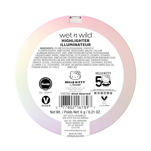 wet n wild Hello Kitty Highlighter, Multi-Dimensional Glow with Iridescent Pearls, Silky-Smooth Buildable & Blendable Formula, Cruelty-Free & Vegan - Kind Hearted
