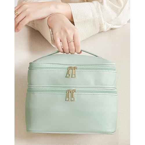 Makeup Bag for Women X-Large Travel Makeup Bag Organizer Portable Toiletry Bag Cute Makeup Bags Waterproof Leather Cosmetic Bag Makeup Case with Removable Dividers, Green