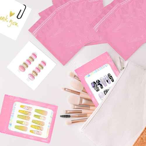 Qenk 100PCS Empty Holographic Nail Storage Bag Press on Nail Packaging Bag and 100PCS Shiny white cardboard Nail Tips Packaging Bags with 1 Roll Transparent Tape (Pink)