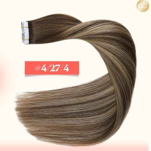 XDhair Tape in Hair Extensions Human Hair 20pcs 50g Balayage Chocolate Brown to Caramel Blonde with Chocolate Brown Roots Invisible Tape in Extensions for Women(14, #4/27/4)