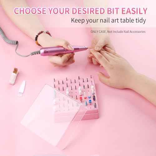 Nail Drill Bits Holder & Nail Drill Bits Cleaning Brush, 100 Holes Nail Bit Holder, Dustproof Nail Art Drill Bits Display Storage Box, Nail Drill Bit Holder for Nail Tech (Pink)