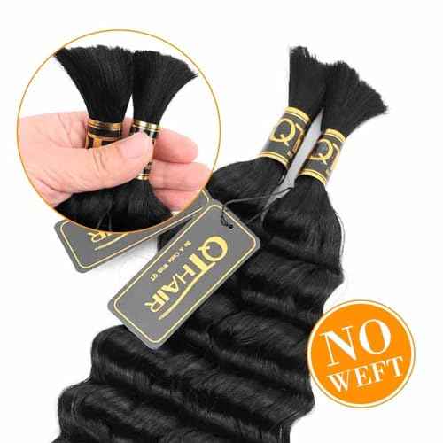 QTHAIR Deep Wave Human Hair Bulk For Braiding No Weft (20"#1 Jet Black)16A 100% Unprocessed Brazilian Virgin Hair Extensions Deep Wave Bundle Human Hair Bulk Hair for Brading
