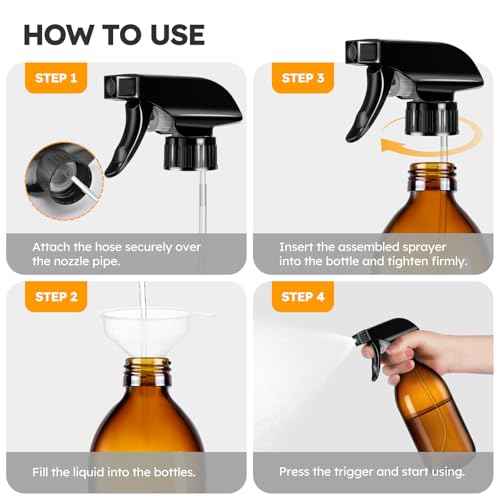 Tecohouse 2 Pack Amber 360¡Æ Glass Spray Bottles, 16 oz Empty Refillable Containers with Adjustable Spray Nozzles, Spray Bottles for Cleaning Solutions and Plants