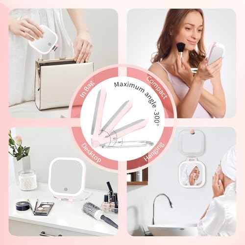 FASCINATE 20X Magnification Compact Travel Makeup Mirror with Lights and Magnification, 3.5 inch Portable 1X/20X Magnifying Mirror with 3 Color Light, Folding, Handheld (Pink)