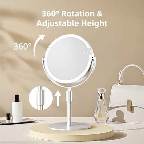 Vanity Mirror with Lights, 8" Dual-Sided Makeup Mirror with Magnification 1X/10X, 3 Color & Stepless Dimming, Rechargeable, 360¡Æ Rotation & Height Adjustable, for Women