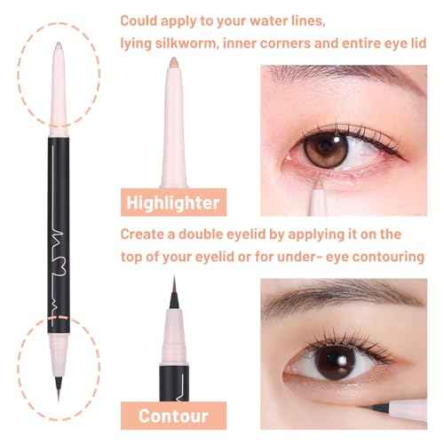 3PC Dual Ended Makeup Highlighter Pen, Glitter & Matte Nude Pink EyeLiner & Eyeshadow, Liquid Contour Liner 2 in 1 Eye Make Up Stick, Mulit-Funtional Long Lasting Lying Silkworm Pencil Set