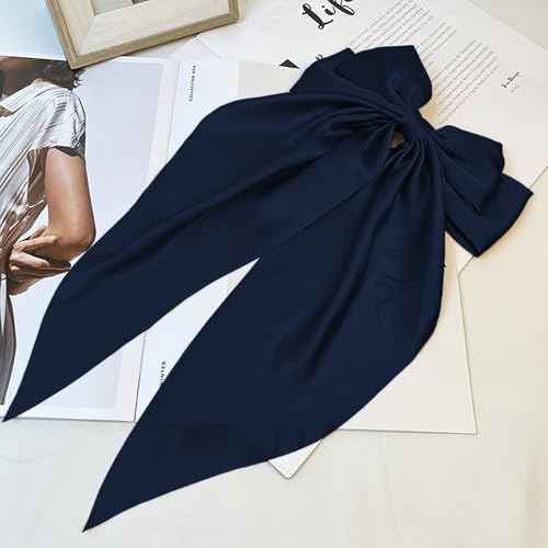 Hair Bows for Women Girls - Silky Satin Bow Hair Clip with Long Tail Ribbons - Elegant Hair Accessories (Navy Blue,1Pcs)