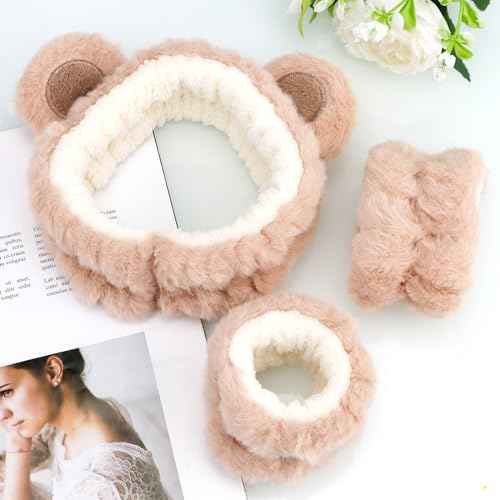 Canitor Face Wash Headband with Wrist Towels - Soft Coral Fleece Spa Makeup Headband, Cute Animal Elastic Skincare Design with Bear Ears