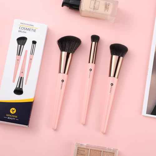 KINGMAS Foundation Makeup Brushes, 3Pcs Kabuki Contour Concealer Makeup Brush Set, Vegan & Cruelty-Free, Synthetic Cosmetic Under Eye & Blusher Face Brush (Pink)