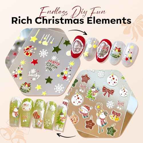 modelones Christmas Nail Stickers 3D Self-Adhesive nail decals Christmas Tree, Snowflakes, Santa Claus, Reindeer & Snowman, Winter Holiday Christmas DIY Nail Stickers for Women & Kids 5Pcs