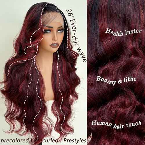 Burgundy Ombre 26 Inch HD Lace Front Wigs for White Women Black Women - Pre Plucked Body Wave Synthetic Wig with Tiny Knots 13¡¿6 Pre Layered Natural Hairline Glueless Wigs Wear and Go