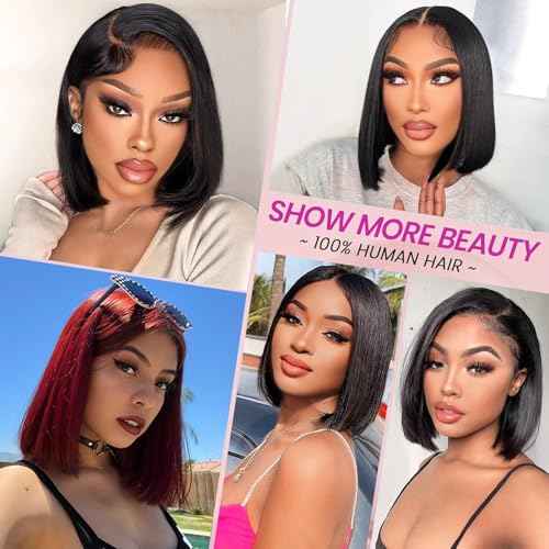 10 Inch Bob Wig Human Hair 200 Density 13x4 HD Transparent Lace Front Wigs Human Hair Pre Plucked Short Bob Glueless Straight Wigs for Women Natural Color