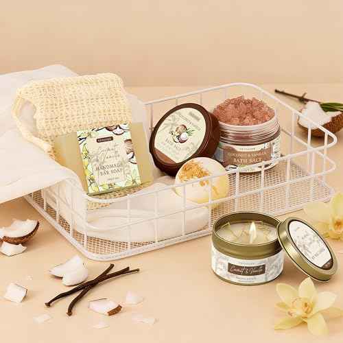 Gifts for Women Happy Birthday Gift Baskets, Bath and Body Gift Set Mothers Day Gifts, Vanilla Coconut Relaxing Home Spa Set Self Care Gift for Mom Sister Her Wife Grandma Girlfriend Friends