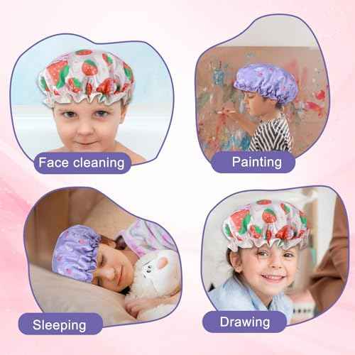 TIESOME Kids Shower Caps, 2 PCS Yellow & Purple Waterproof Double Layers Shower Caps Cute Rabbit Bonnets Elastic Band Bonnet Satin and Eva Soft Kids Sleeping Cap Reusable Shower Cap for Kids