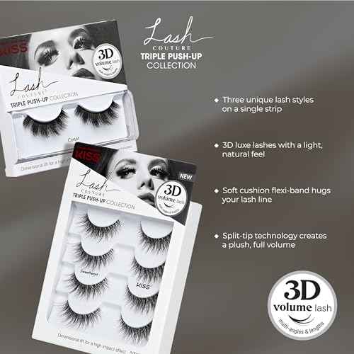 KISS Triple Push-Up, False Eyelashes, 'Babydoll', 12mm-14mm, Includes 4 pairs of false eyelashes, Easy to Apply, Reusable Lash Clusters