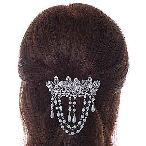 Rhodium Plated Clear Crystal, White Faux Pearl Floral Barrette Hair Clip Grip - 95mm Across