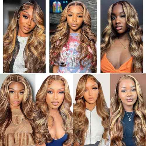 SWEETGIRL Highlight Ombre 13x6 Lace Front Wig Human Hair Body Wave Lace Front Wigs Human Hair Pre Plucked Honey Blonde P4/27 Ombre Colored Lace Frontal Wigs for Women 180 Density 28 Inches