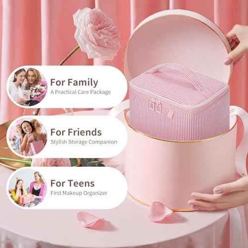 OCHEAL Makeup Bag Large Capacity Travel Make up Pouch for Cosmetics, Vertical Storage with Divider Toiletry Bag for Skincare Organization-Pink