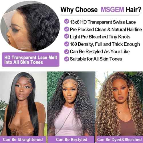 MSGEM Deep Wave Lace Front Wigs Human Hair Deep Curly 13x6 HD Lace Front Wigs Human Hair 180 Density 24 inch 12A Curly Hair Transparent Lace Frontal Wigs for Women Pre Plucked Natural Color