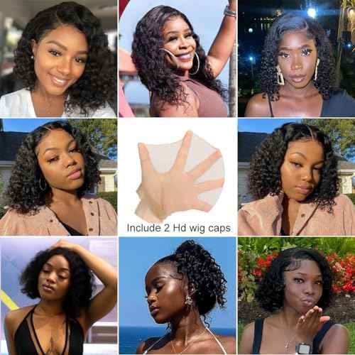 Left Side Part Bob Wig Human Hair Glueless Wigs Human Hair Pre Plucked Pre Cut Hd Lace Closure Wear and Go Glueless Wig Short Black Curly Wig 12 Inch Brazilian Human Hair Wigs for Black Women