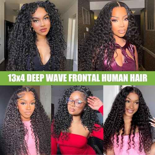 13x4 Lace Frontal Closure Ear to Ear Full Lace Frontal Closure Brazilian Deep Wave Human Hair Frontal Free Part Pre Plucked With Baby Hair 150 Density Natural Black 16 Inch