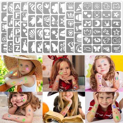 Yazhiji 183PCS Temporary Tattoo Stencils, Paint Stencils Kit on Face and Body, Girl Boy Glitter Tattoos Stencils Pack for Kids School Show Birthdays Halloween Christmas Party Favor Supplies