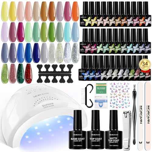 Morovan Gel Nail Polish Kit - Gel Nail Polish Kit with U V Light 34 Colors Gel Nail Polish Set Gel Polish Kit with Everything Starter Kit 48W Led Light Base Coat Glossy and Matte Top Coat