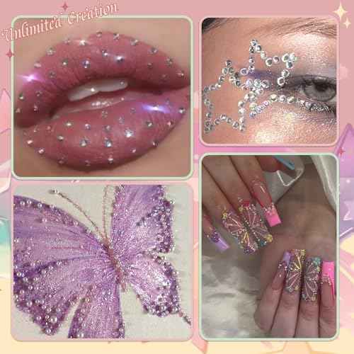 Nail Rhinestones , AB Crystal Nail Gems Flat Back Nail Rhinestones with Nail Pearls Star Heart Bows FLower Nail Charms and Rhinestone Picker Tools for Kwaii Y2K Nail Art Decor - 3 Boxes