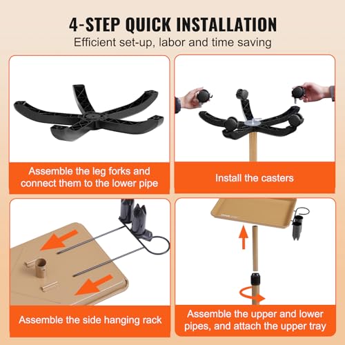 VEVOR Salon Tray Cart, 30"-43" Height Adjustable Rolling Salon Tray, Cold-Rolled Plate Tattoo Tray with 5 Wheels (2 Lockable) for SPA Barber Clinic, Gold & Black