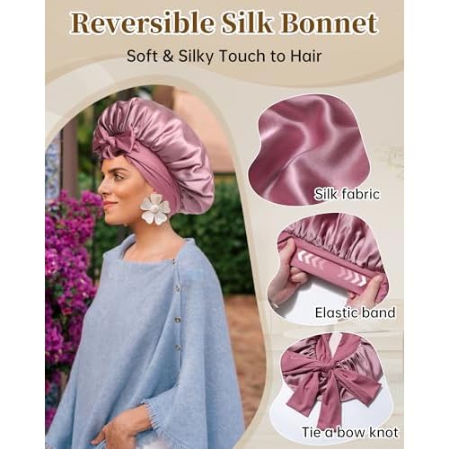 100% Mulberry Silk Bonnet for Sleeping Women Silk Hair Bonnet Elastic Tie Band Hair Wrap with Silk Hair Scrunchies and Silk Sleep Eye Mask(Bean Paste+Pink)
