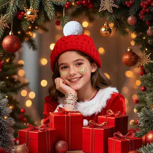 Go Ho Christmas Glitter Gel and Bracelets Kit, 6PCS Red White Green Beaded Bracelets with Face Glitter Makeup for Body & Hair, Fun Christmas Gifts for Women and Teens