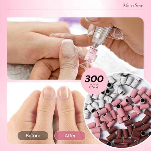 MelodySusie 300 Pcs Sanding Bands with Mandrel,120 Medium, 180 Fine, 240 Extreme Fine Grit, E-File Sand Piece Nail Drill Bits Set for Acrylic, Gel Removal, Manicures and Pedicures