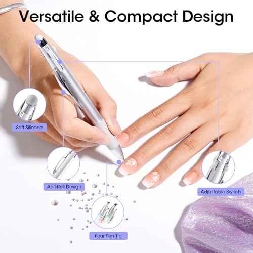 Gellen 5-in-1 Nail Dotting Pen with Ballpoint Pen Design & Nail Rhinestones, Double-end Nail Dotting Tools for Dotting, Gems, Gradient, Chrome Powder, DIY Manicure Home Salon Nail Art Tools