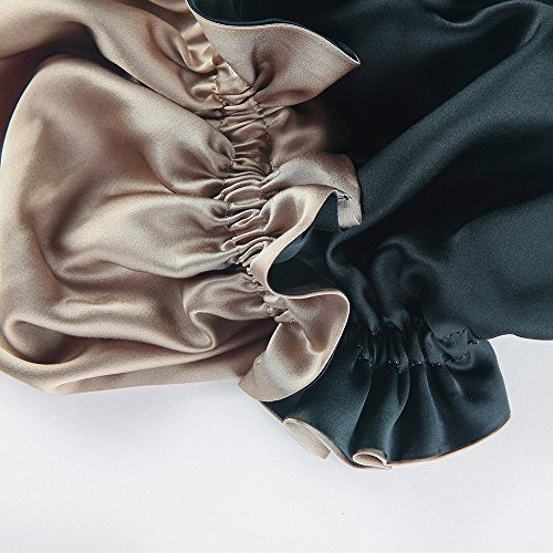 LilySilk Pure Silk Lined Cap for Women Sleep, Double Layered, Adjustable Ribbons, Luxury Natural Silk Bonnet Cap for Sleeping Coffee+Black