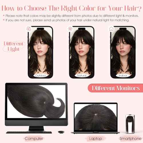 Hairro Mono Hair Toppers with Bangs, 3.4" x 3.4" Mono Base 100% Real Human Hairpieces for Women, 150% Density Clips In Topper for Greyish Thinning Hair, 6 Inch Dark Brown