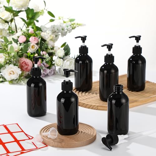 Tanlade 24 Pcs 8 oz Glass Pump Bottle Empty Bottle Glass Soap Dispenser with Pump Refillable Containers and Labels Funnels for Essential Oils Cleaning Products Lotions Conditioner (Black)